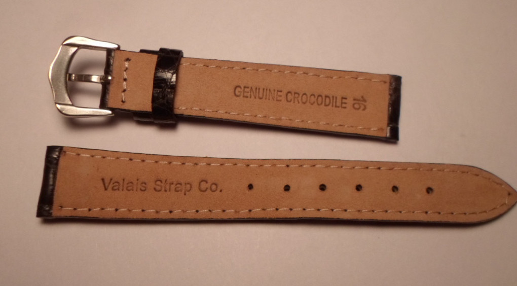 16mm Black Genuine Crocodile Valais Wrist Watch Strap Band Silver Buckle