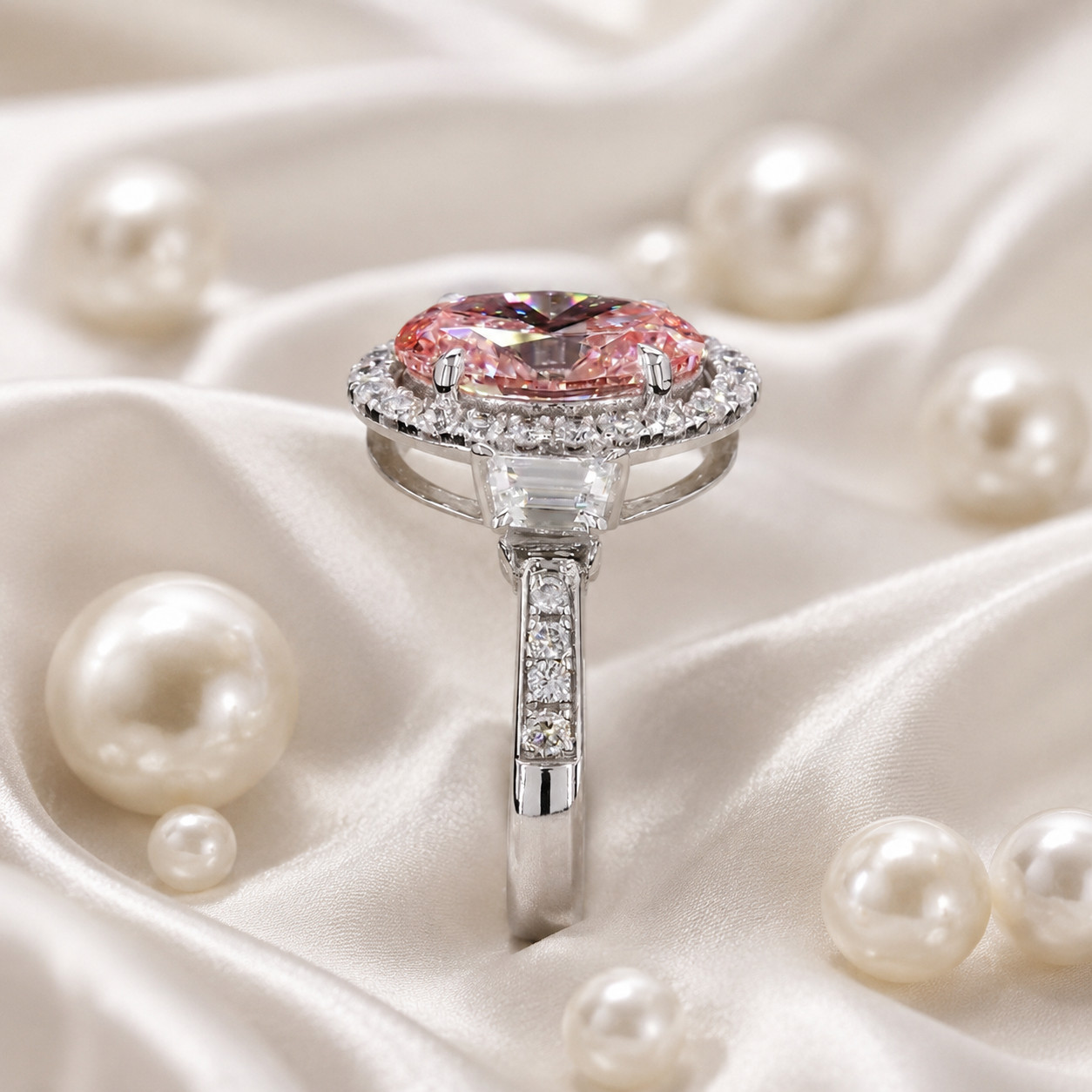 Fancy Vivid Pink Diamond Ring IGI Lab Created 5.00 Carat Oval Cut 18k White Gold