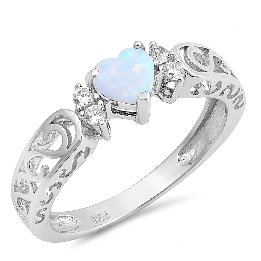 White Lab Opal Heart Solitaire Ring .925 Sterling Silver Band NEW