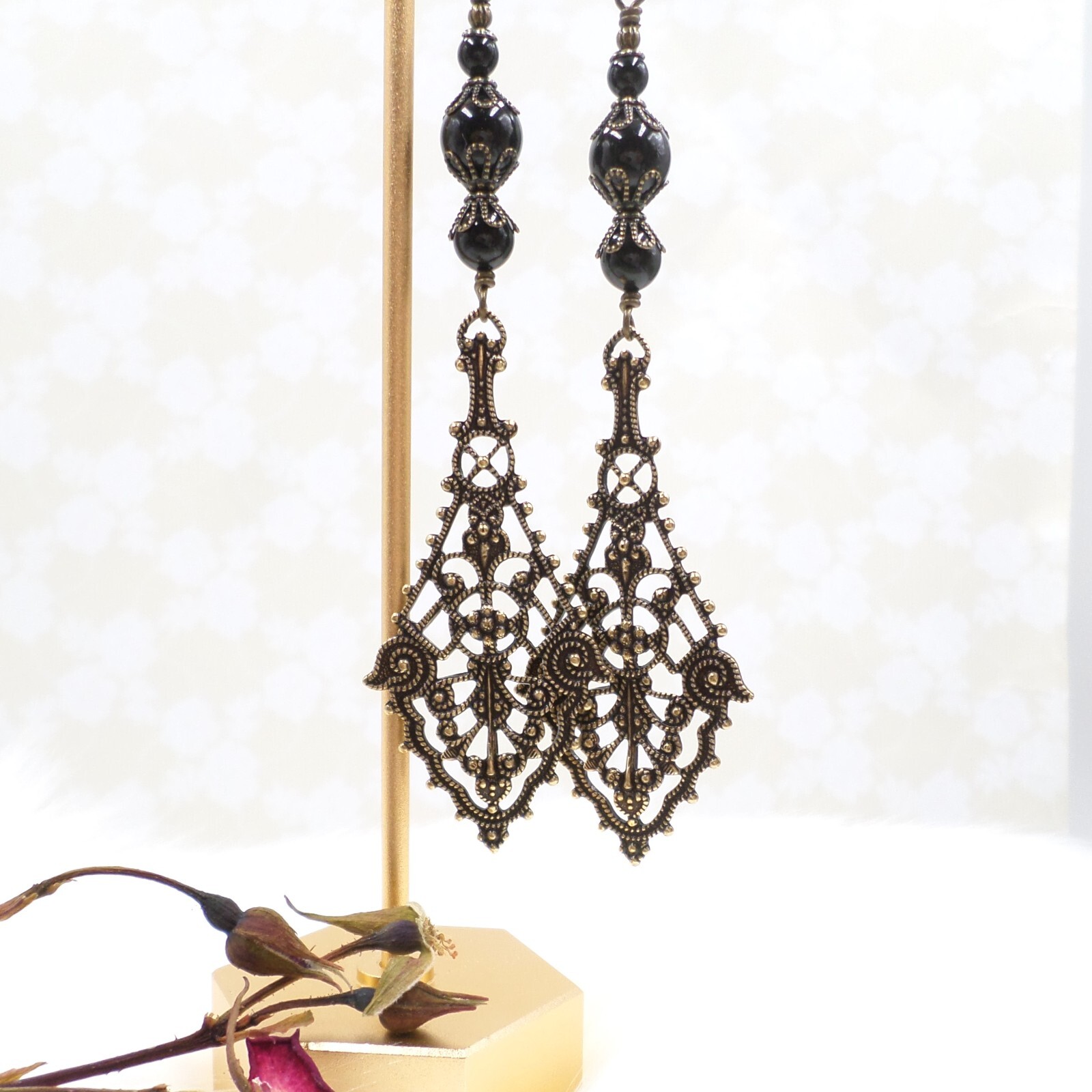 Victorian Gothic Earrings, Antique Brass Filigree Black Bead Long Dangle Jewelry