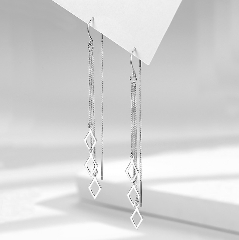 Silver Plated Geometric Square Tassel Threader Dangle Drop Pull Earrings I48