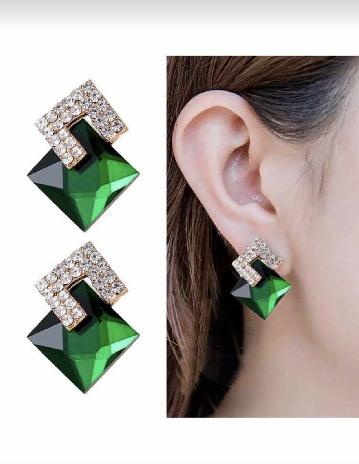 Glam Green Rhinestone Geometric Clip-On Stud Earrings