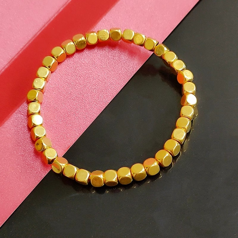 Pure 999 24K Yellow Gold Men Women Lucky 3D 4mm Square Beads Bracelet
