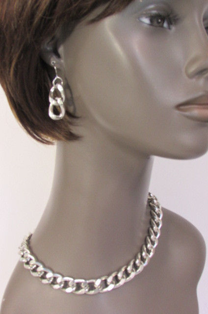 New Women Silver Fashion Necklace Earring Set Metal Thick Chain Short Links