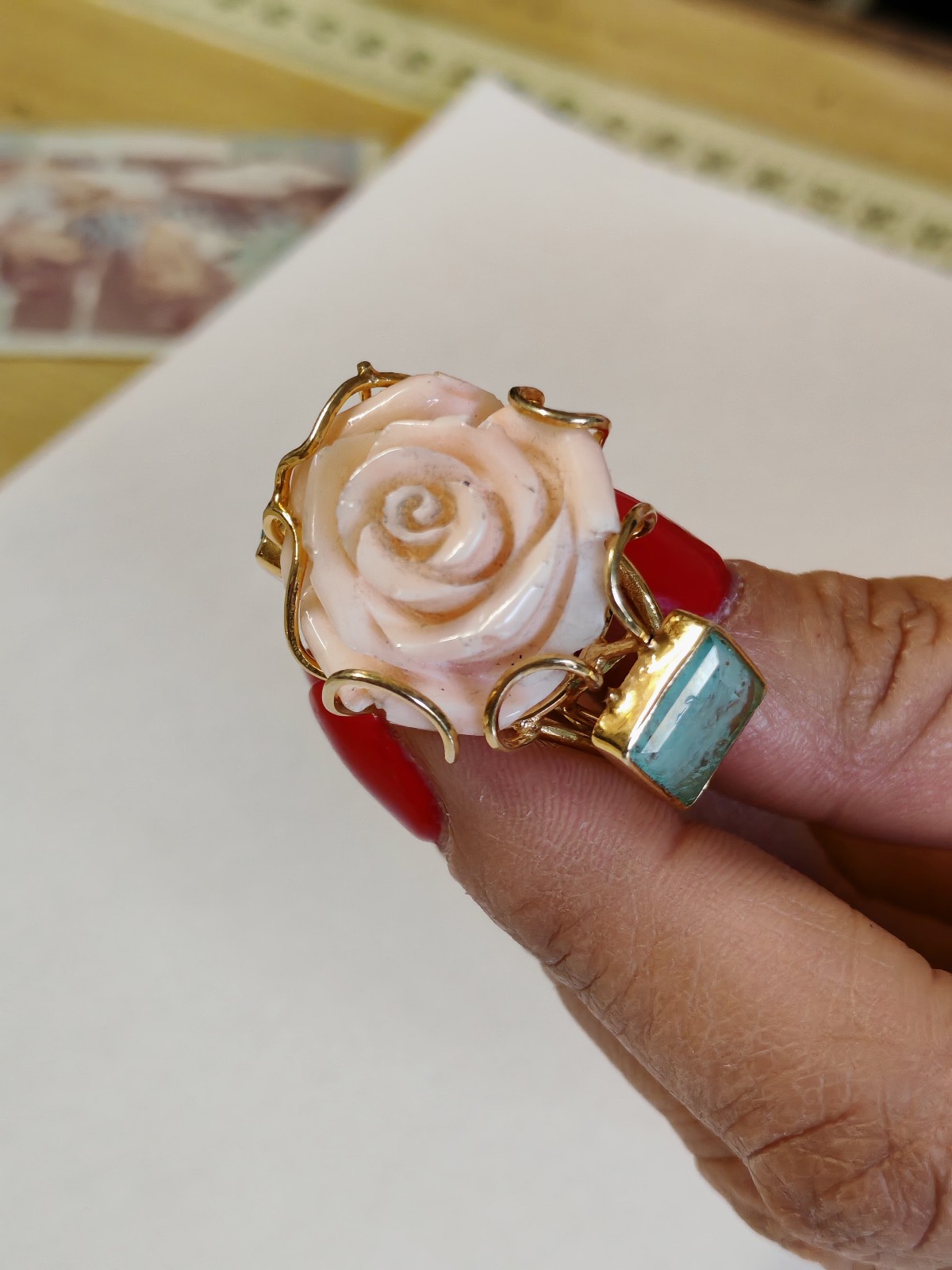 Women’s Ring Real Coral Pink Band 925 Silver Plac Yellow Gold Handmade