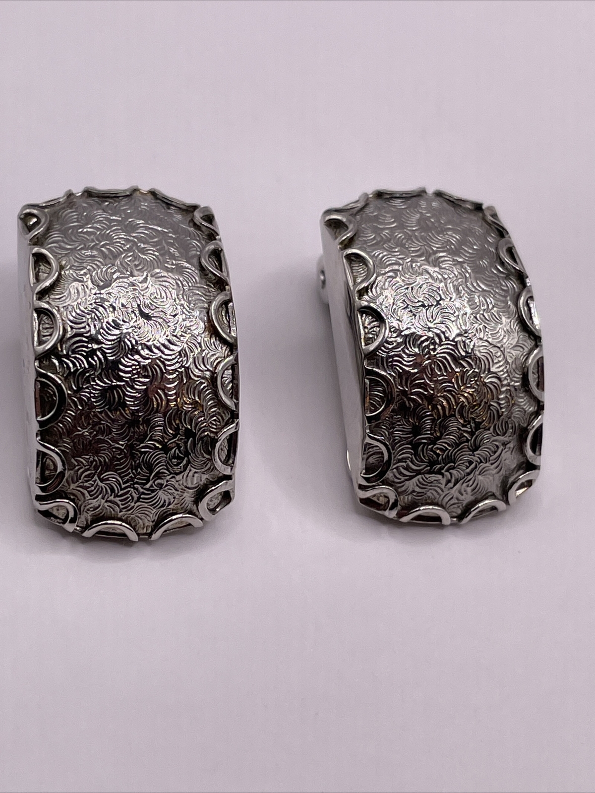 Vintage ALICE Silver Tone Clip On Earrings Brushed Dome Meta Lace MCM AL4.2