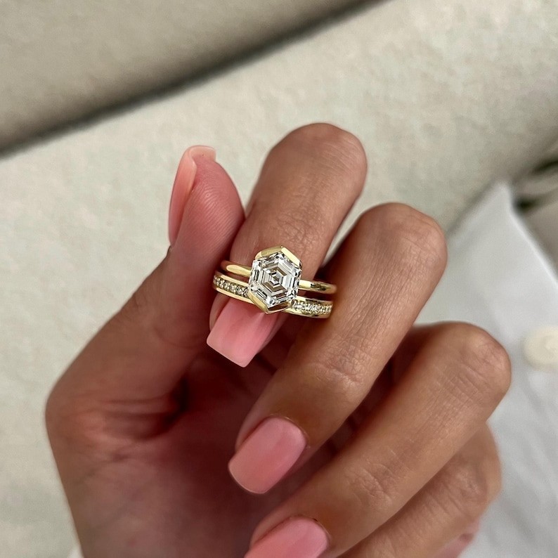 Hexagon Moissanite Half Bezel Clutch Set Unique Minimalist Engagement Ring Set