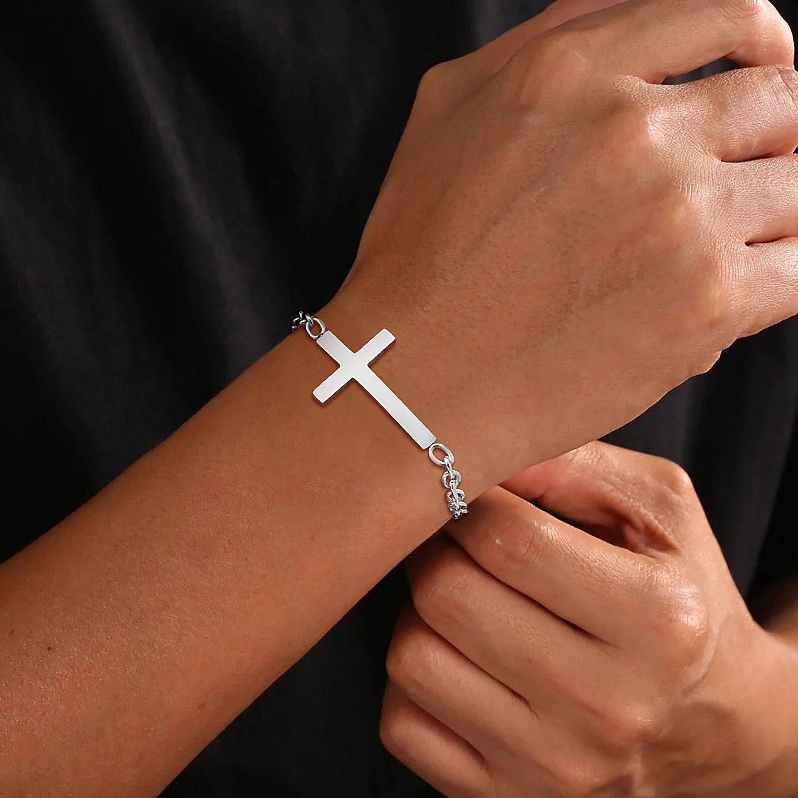 Cross Bracelets Rolo Link Chain Wristband Christ Faith Stainless Steel Mens Gift