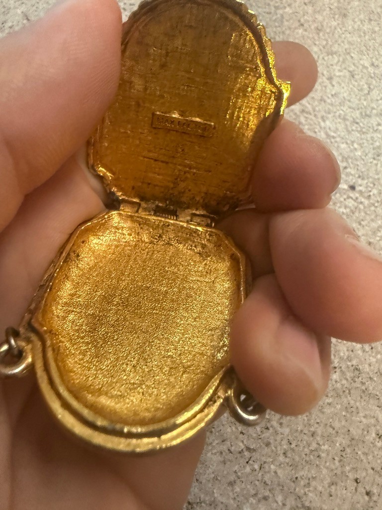 Vintage Max Factor PENDANT Compact Floral Bird Motif 2 Tone Silver Gold Signed