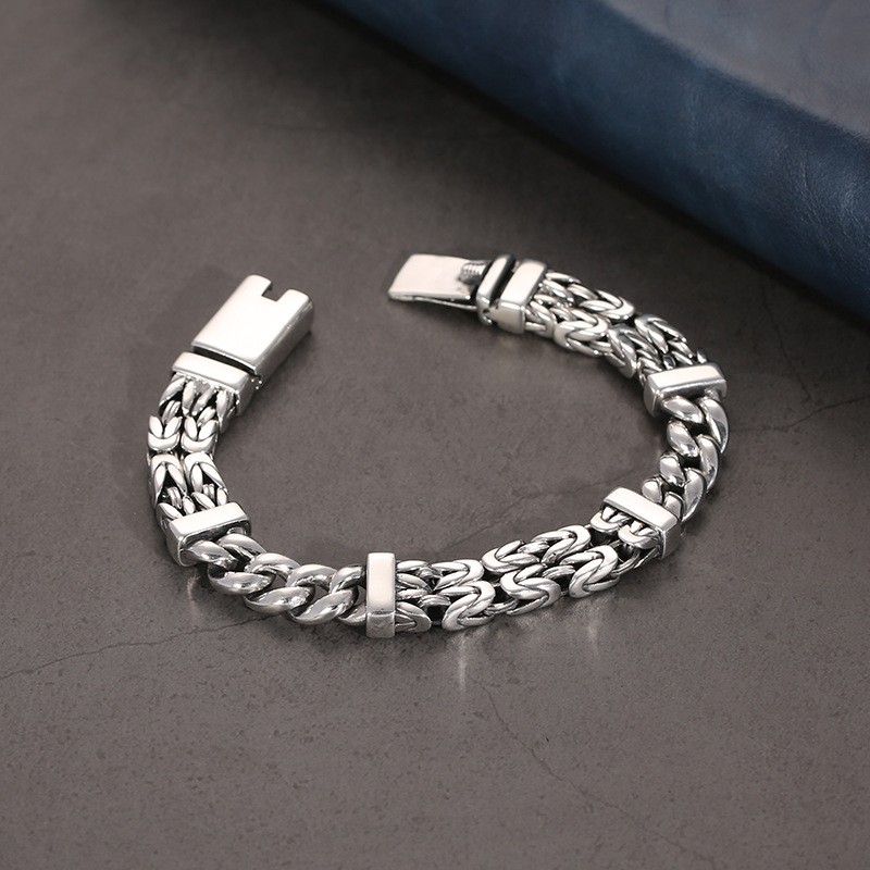 Real 925 Sterling Silver Curb With Double Byzantine Link Bracelet 7.48inch L