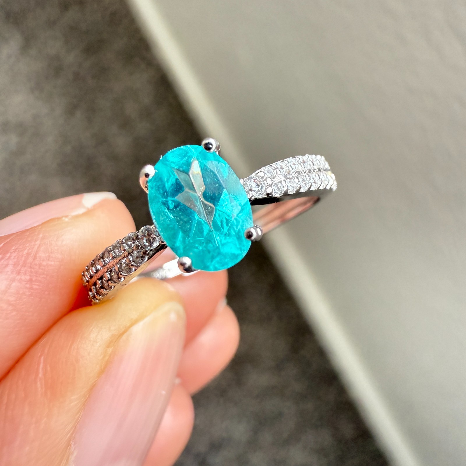 925 Sterling Silver Ring 7x5mm Natural Paraiba Topaz Gemstone Zircon Birthstone