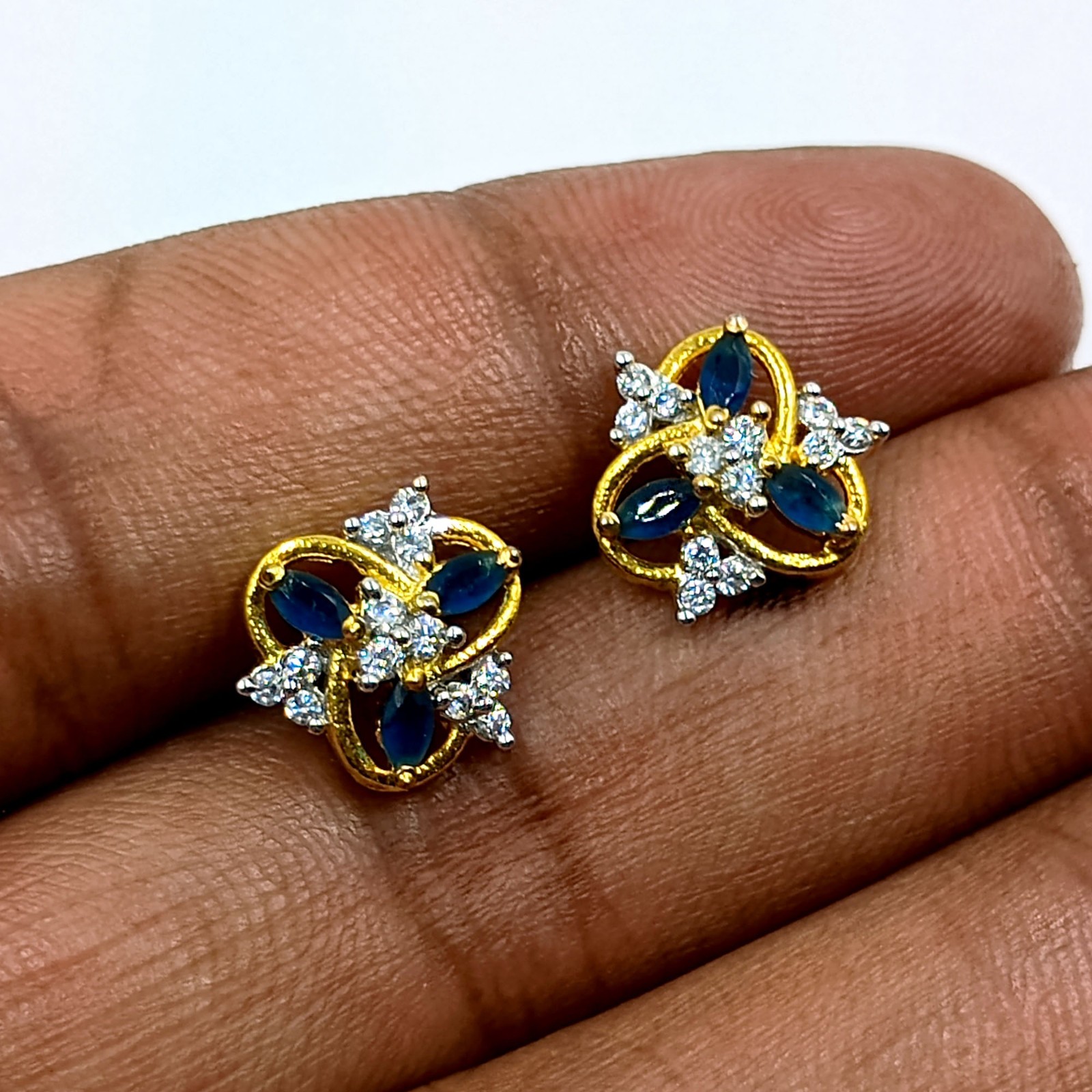 Elegant Sapphire CZ Stud Earrings 22k Gold Plated Handmade South Indian Style