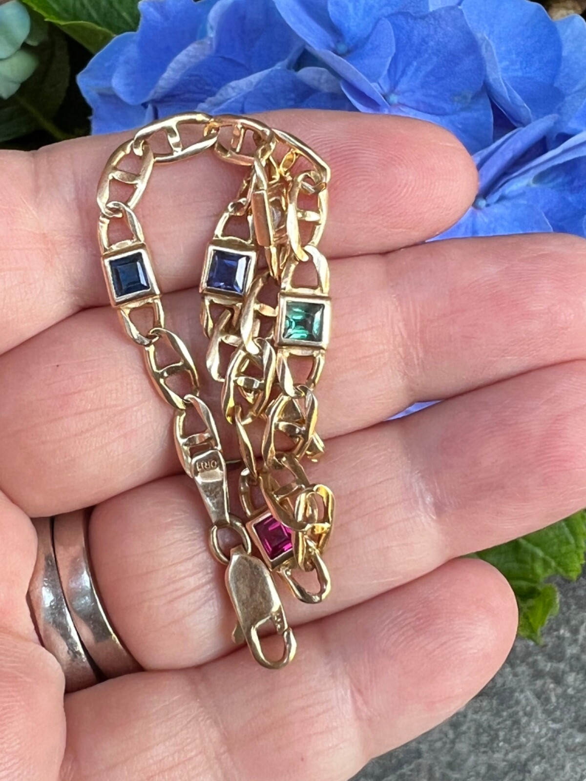 14K YELLOW GOLD MULTI GEMSTONES FIGARO BRACELET MADE IN ITALY CANDY COLORS