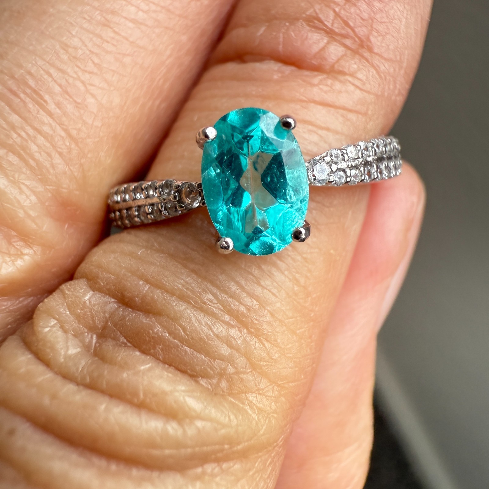 925 Sterling Silver Ring 7x5mm Natural Paraiba Topaz Gemstone Zircon Birthstone