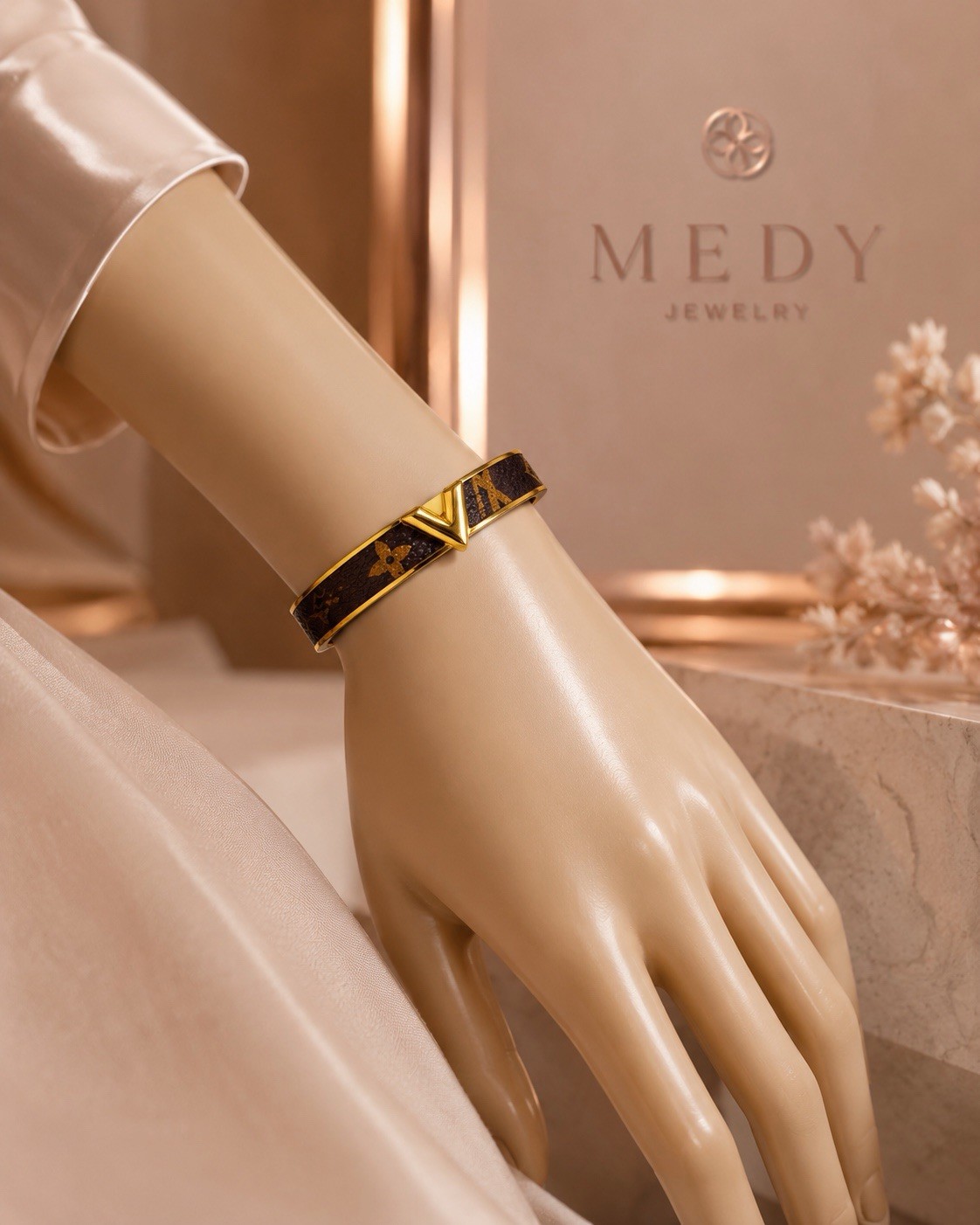 MEDY Gold Tone Bangle Bracelet Set Brown/Black Monogram Design Stainless Steel