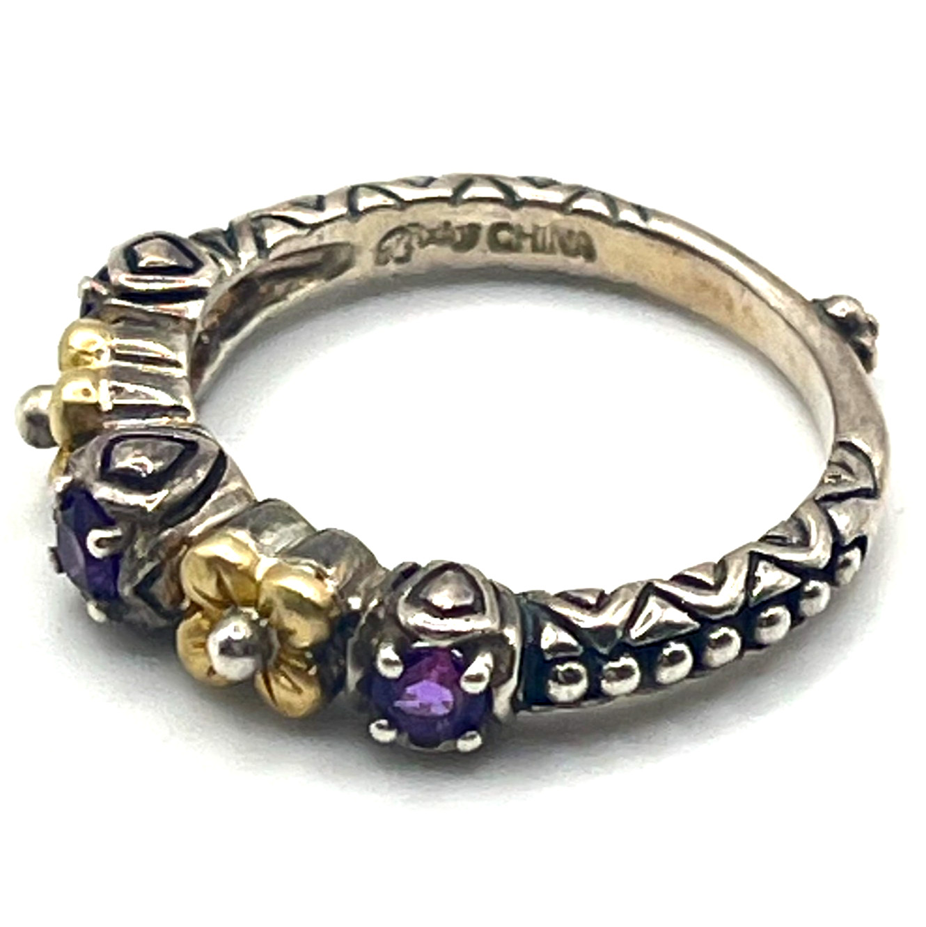 Barbara Bixby Band Ring Sz 8 Amethyst and 18k Lotus Flower Accents Sterling 925