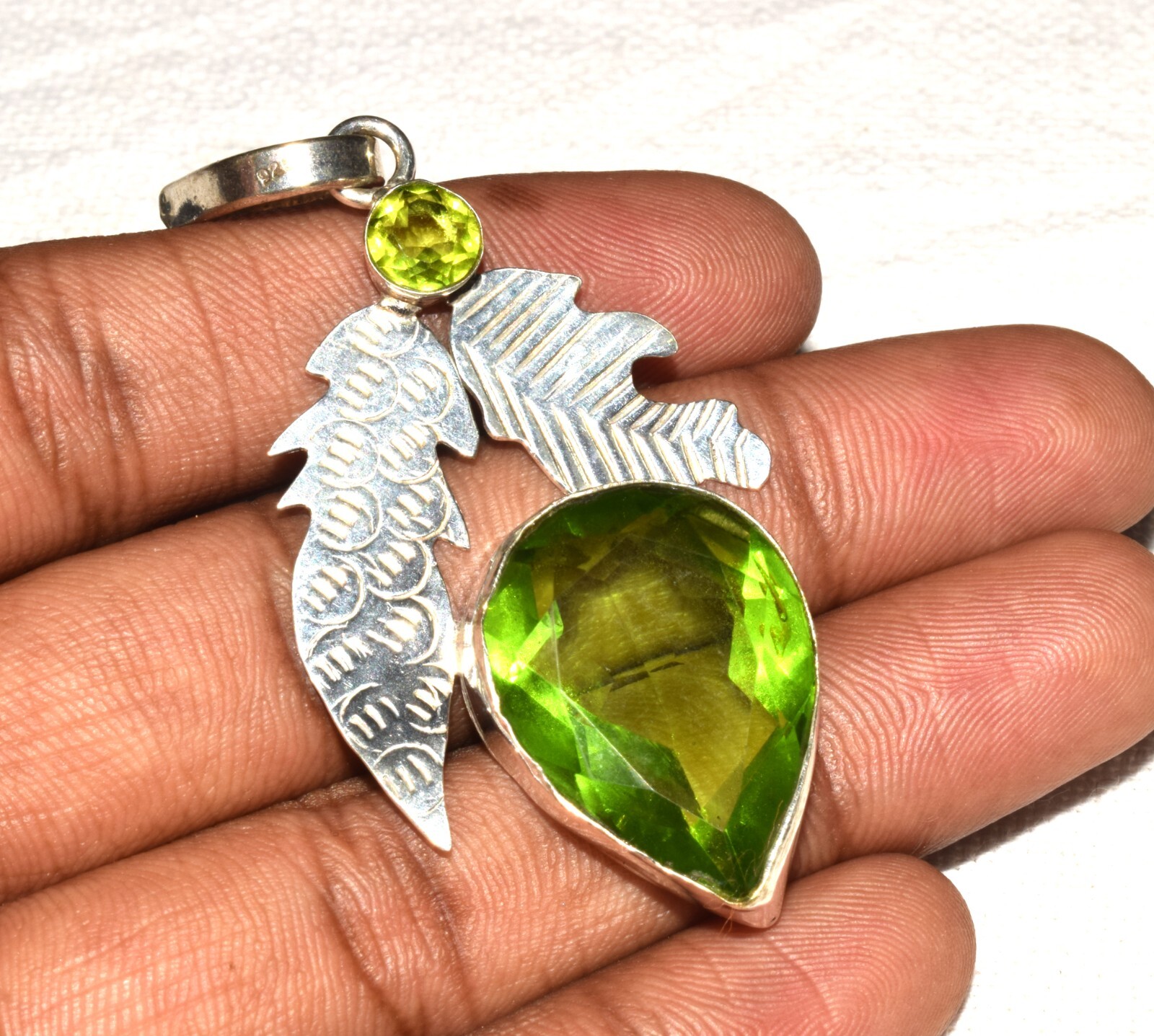 Simulated Peridot Faceted Pear Cut Leaf Design Fashion Jewelry Pendant 2.5″