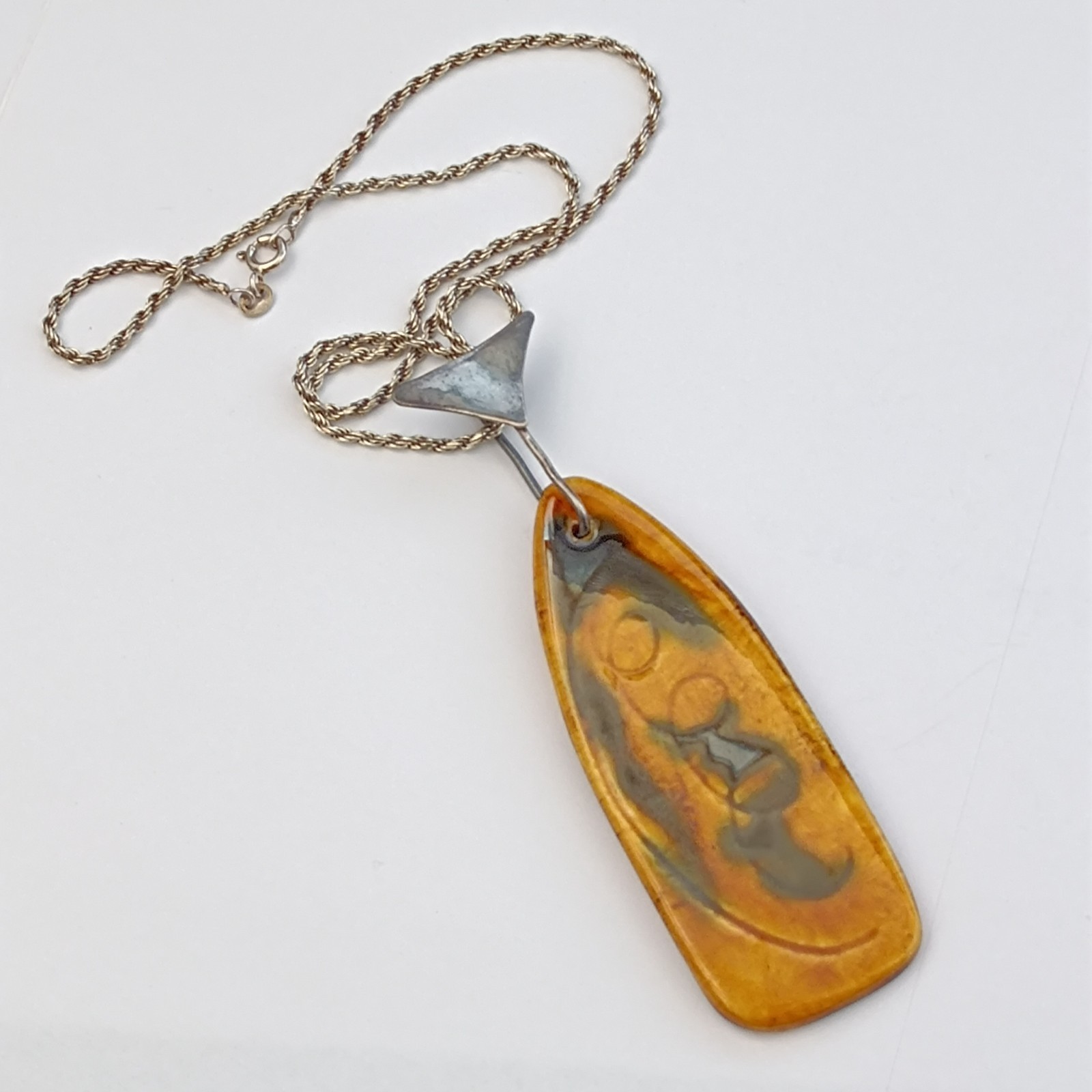 VTG Silver Modernist Israeli Enamel Necklace Abstract 60s 7Os Mustard Yellow 925