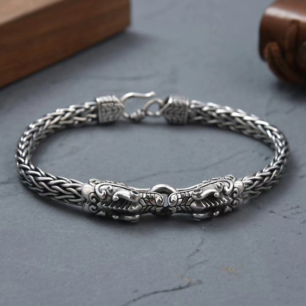Real Sterling Silver 925 Metal Purity Bracelet Men 6mm Double Dragon Head Link
