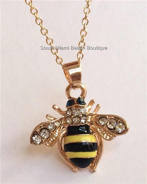 Gold Bumble Bee Necklace 18″ Crystal Insect Queen Bea Plated USA Seller