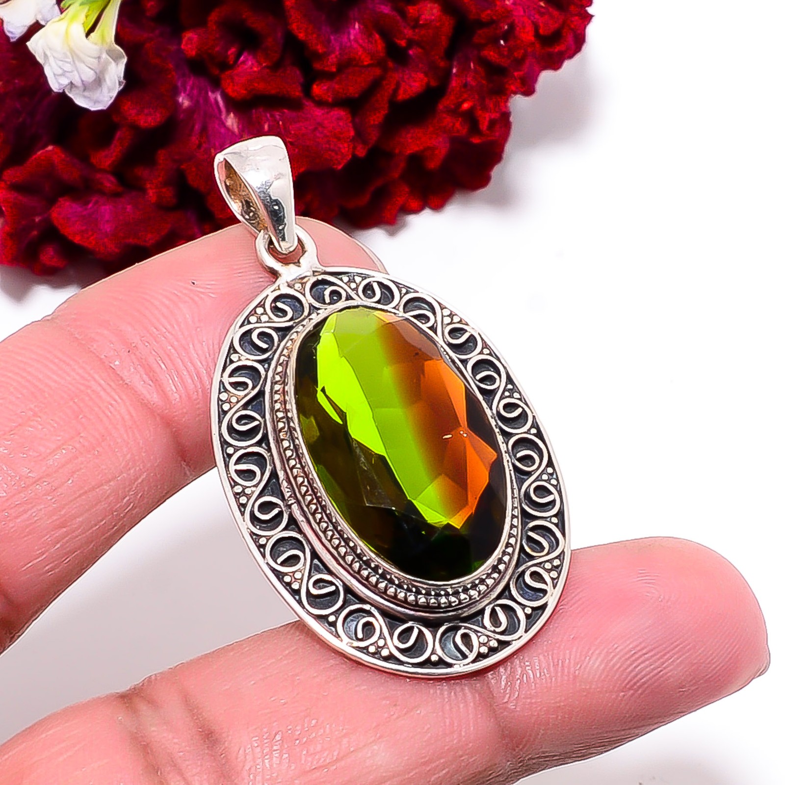 Green & Red Bi-Colour Tourmaline Handmade 925 Sterling Silver Pendant 1.87″ P564