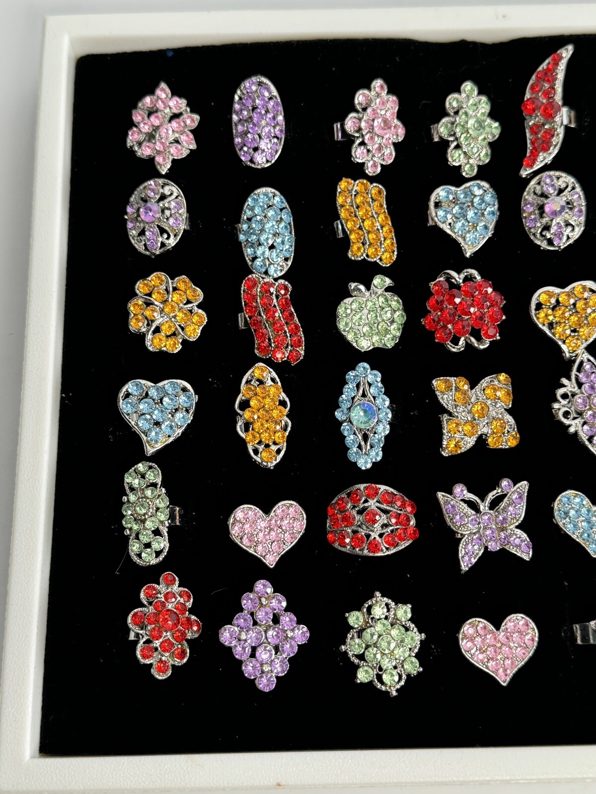 Lot of 72 New Colored Rhinestone Adjustable Fashion Rings With Display Tray