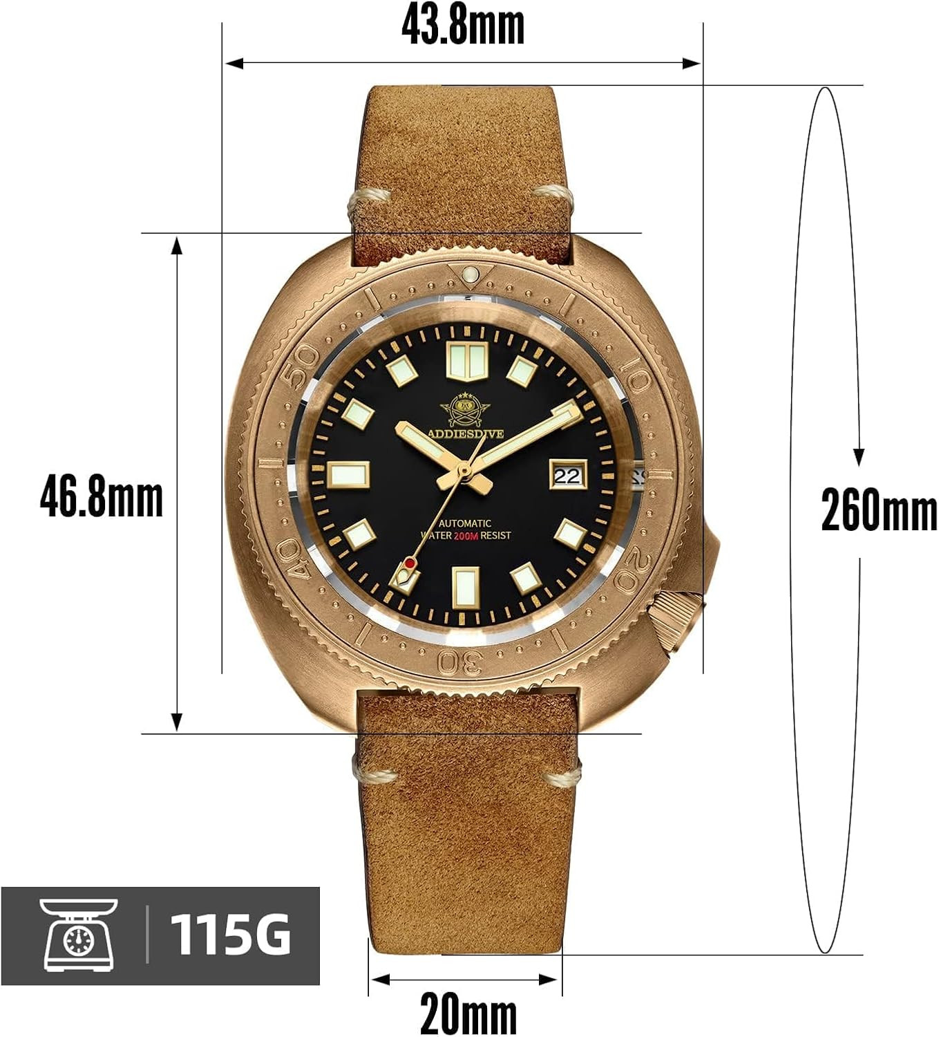 Men’s Vintage Bronze Dive Watch 200M Waterproof with Suede Leather Strap
