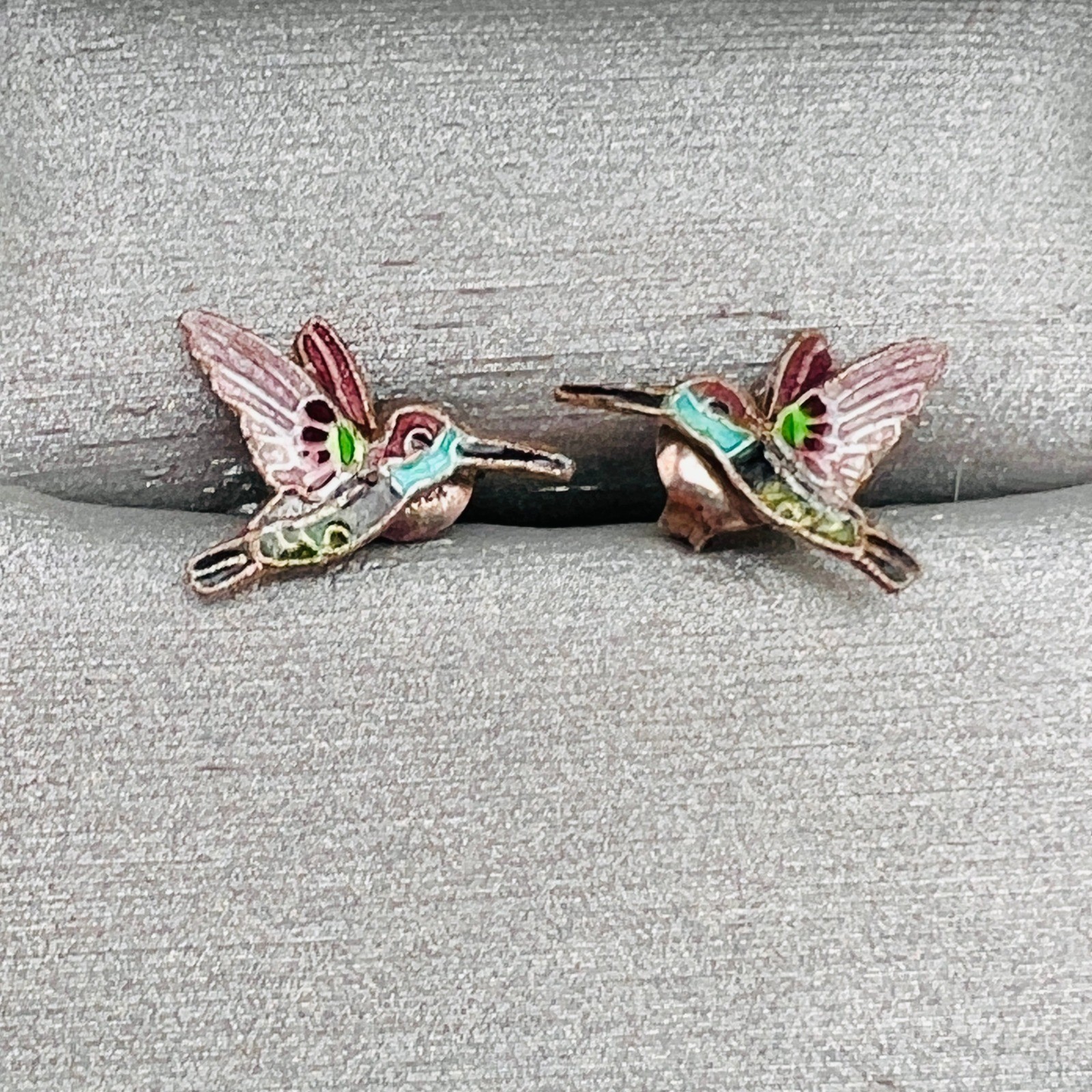 Vintage Enamel Hummingbird Stud Earrings Multi Color Silver Tone Bird Jewelry