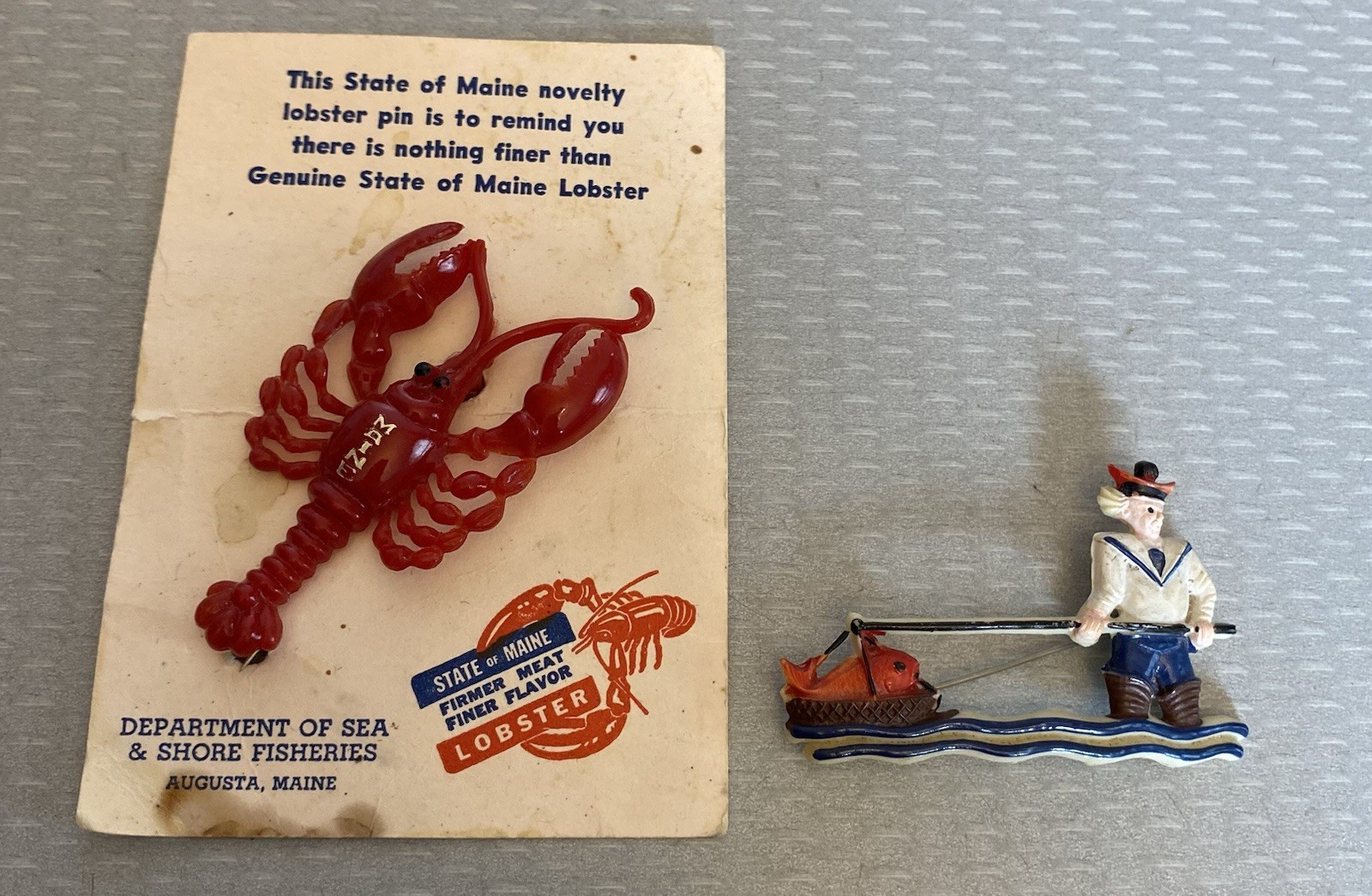 Vintage Celluloid Plastic Brooch Lot French Fisherman and Maine Red Lobster