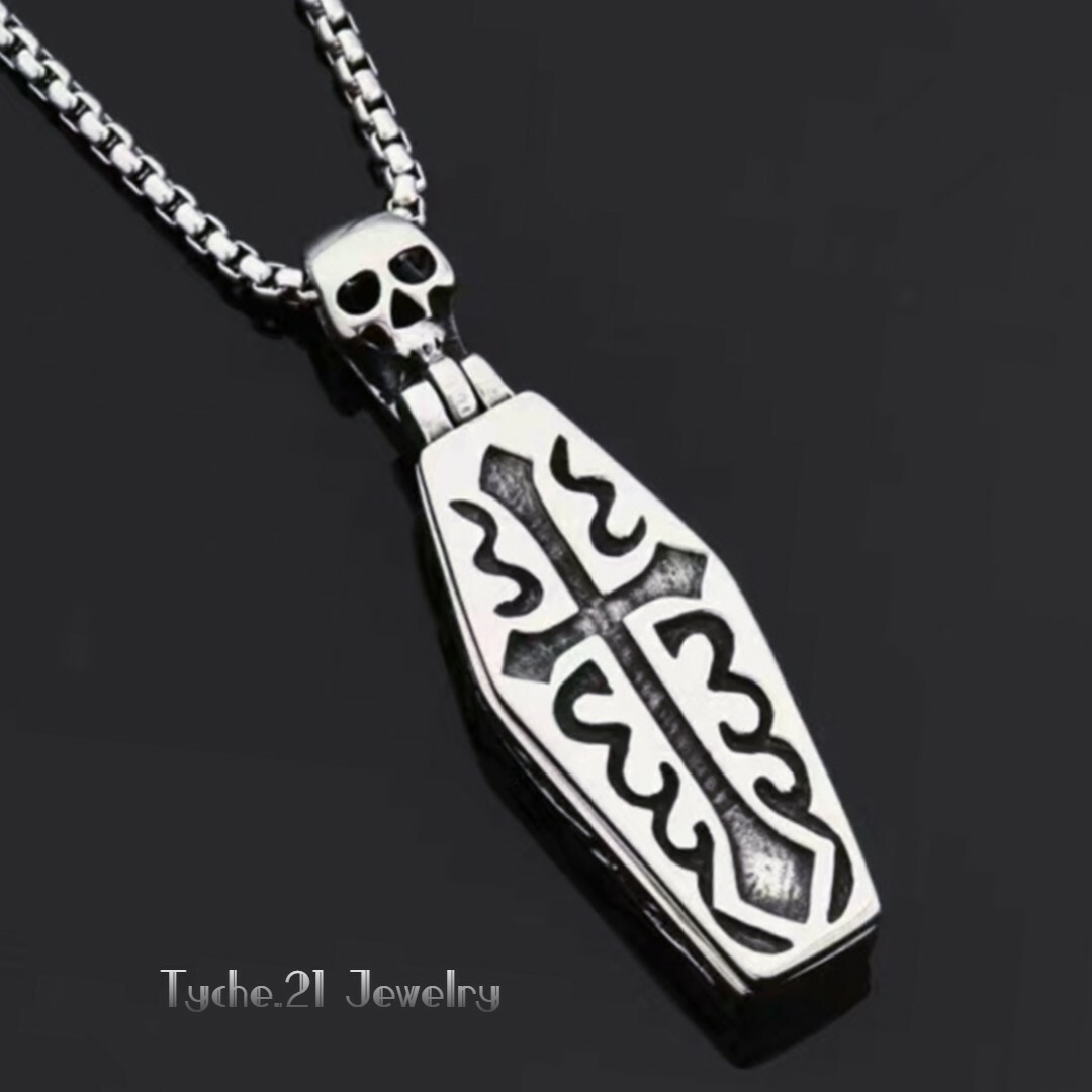 Mens Gothic Skull Coffin Pendant Punk Retro Necklace Stainless Steel Chain 24″