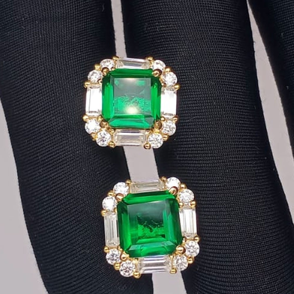 5.16Ct Asscher Cut Natural Emerald & Diamond Stud Earring 14K Solid Yellow Gold