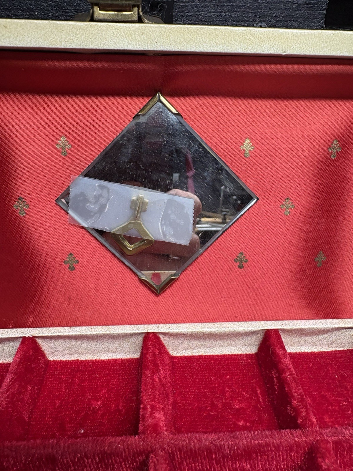 Vintage White/Cream Jewelry Box With Red Velvet Lining, Mirror And Key See Pics