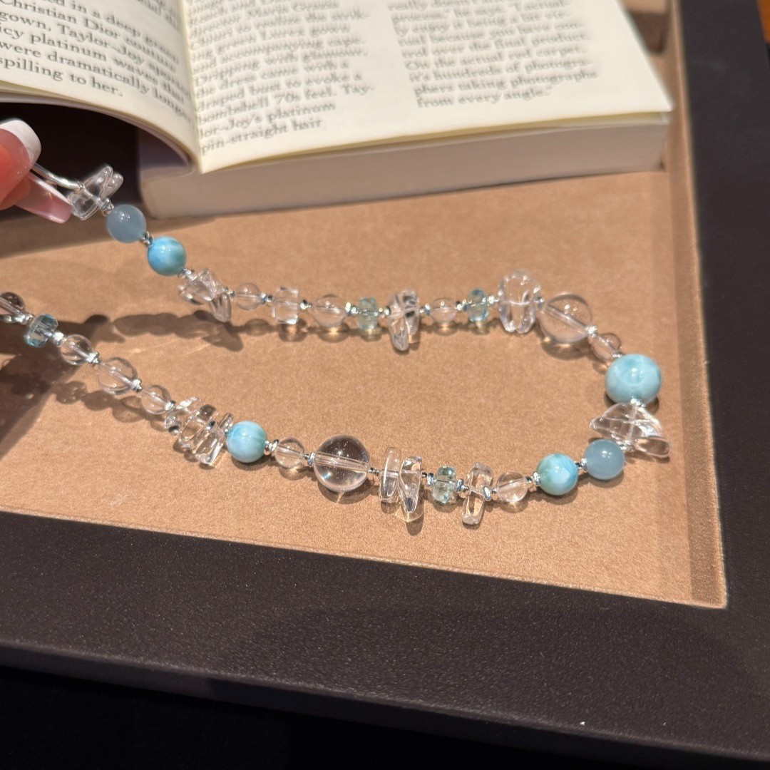 Natural White Crystal with Larimar Original Design Handmade Bracelet