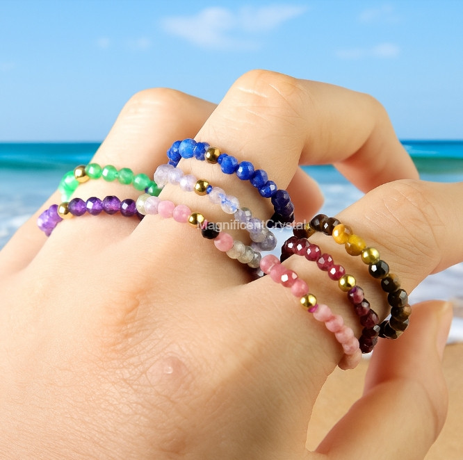Gemstone Beaded Rings Stackable Natural Crystal Ring Dainty Handmade Jewelry