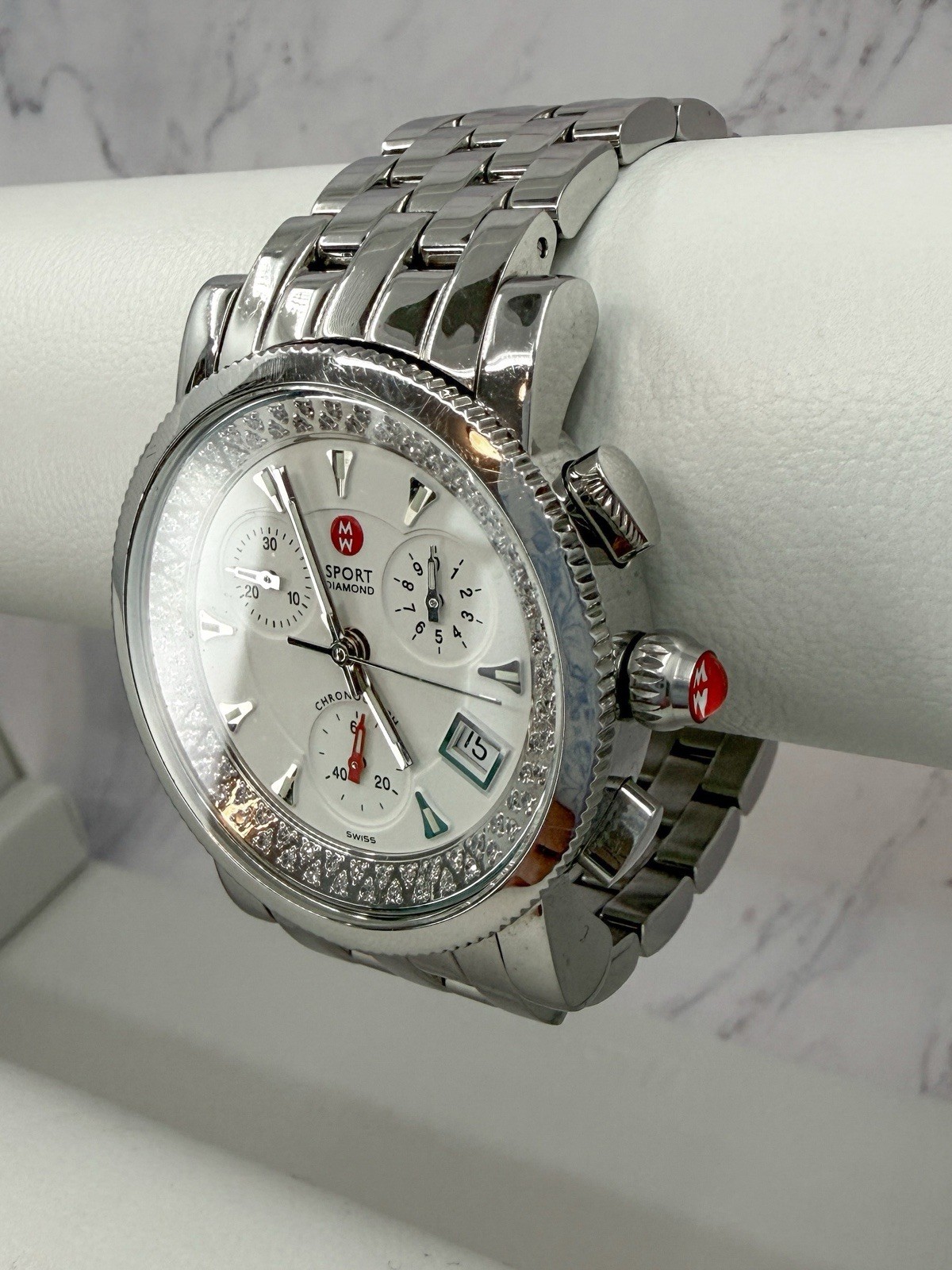 MICHELE Sport Diamond Chronograph Watch 71-5250 Stainless Steel 38mm Tested