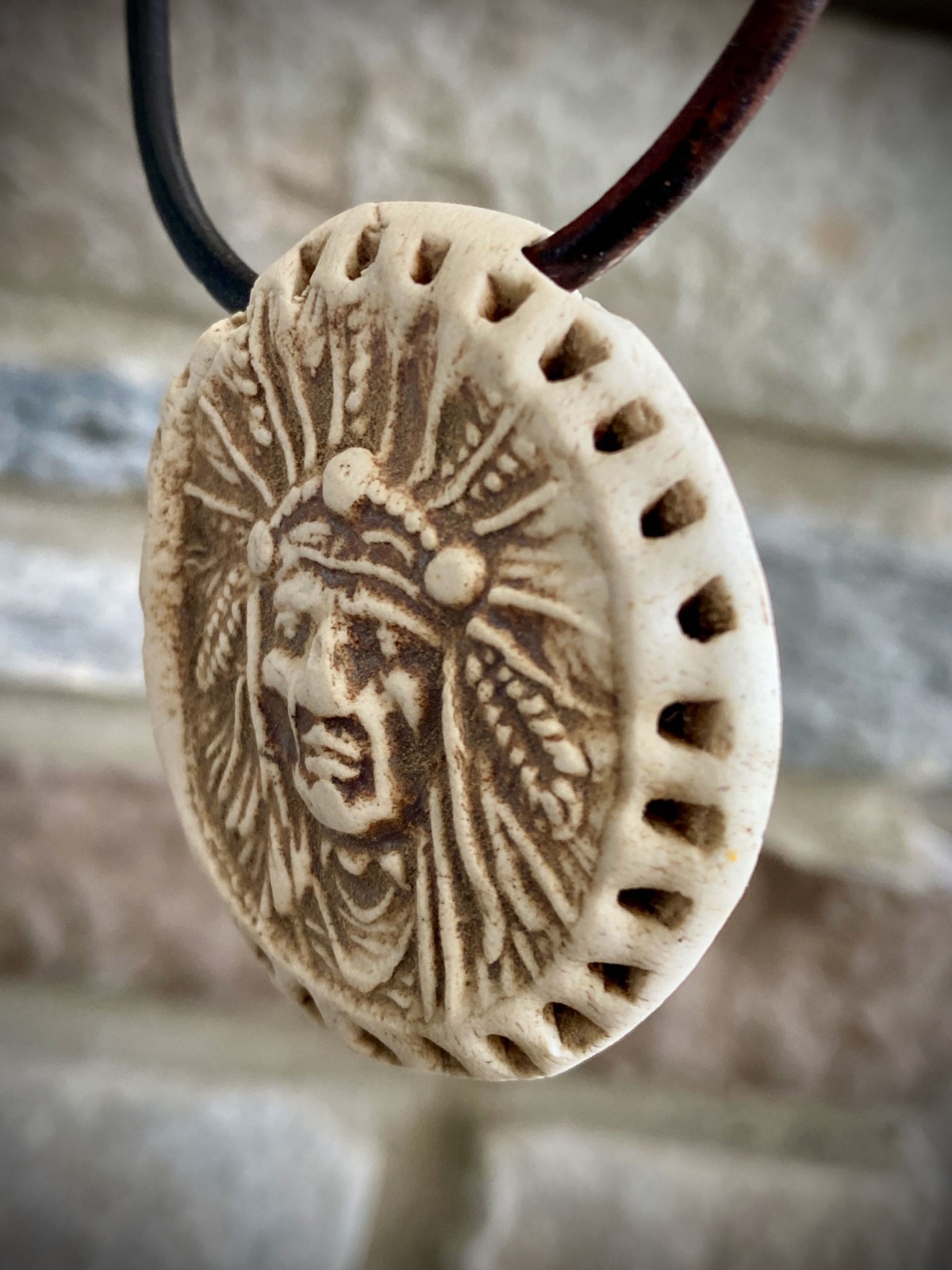 ARTISAN Ceramic Pottery Native American Indian Chief Pendant NECKLACE Warrior 2″