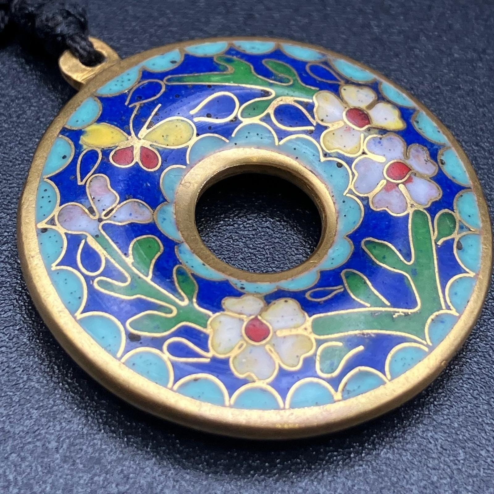 Vintage Cloisonné Pendant Necklace Knotted Cord Butterfly and Floral Themed Blue