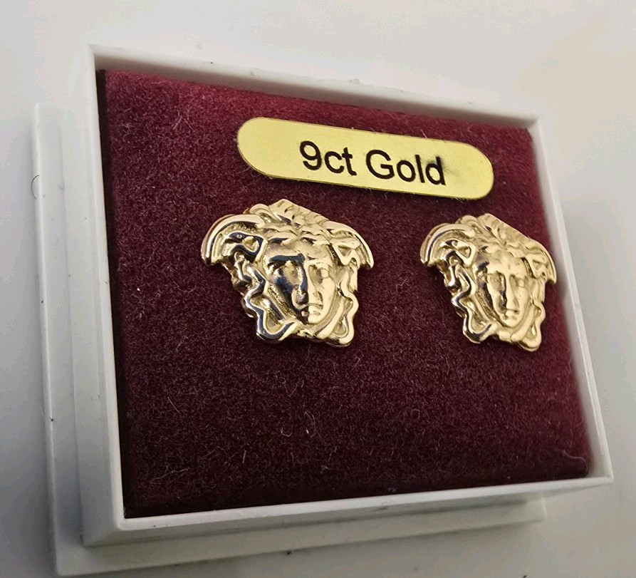9 carat yellow gold 375, pair of large medusa head stud earrings