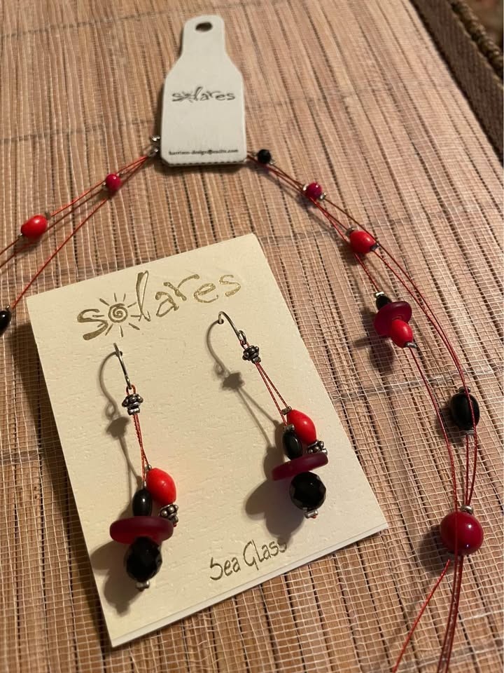 Solares Red Black Sea Glass Multi Strand Necklace Dangle Earrings Set NWT