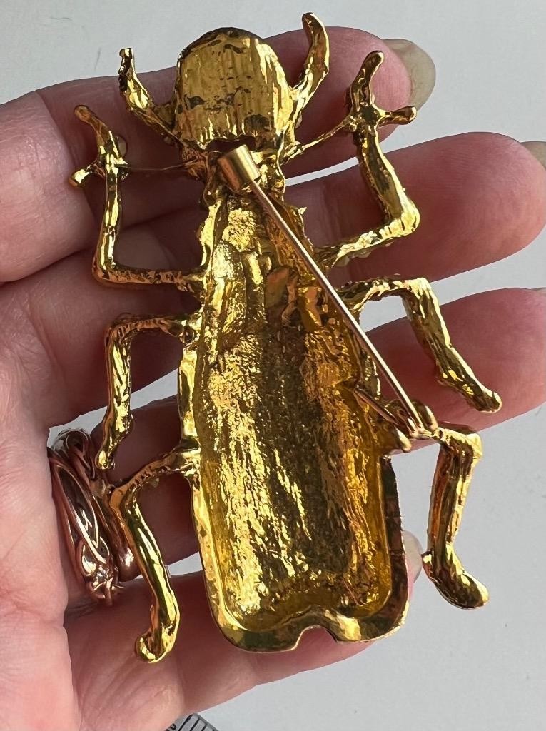Scarab Beetle Pin LARGE Orange Enamel Rhinestone Victorian Egyptian Rev Vtg