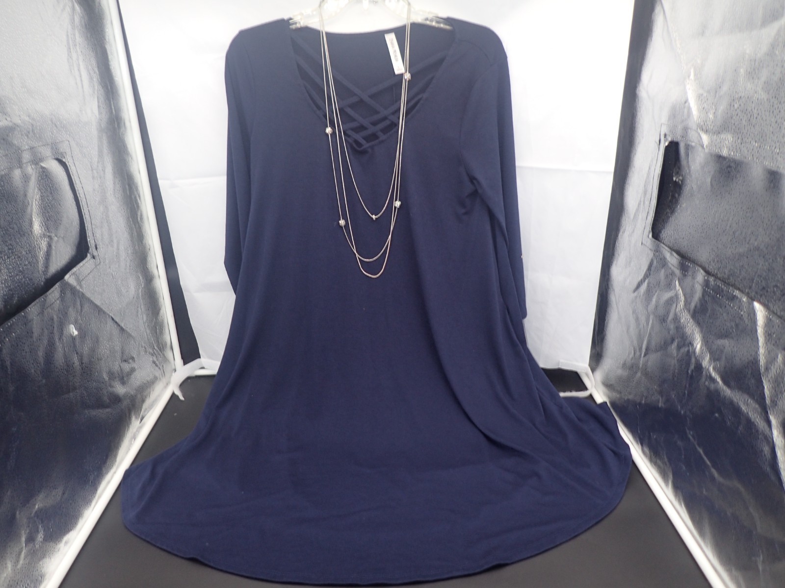 Navy Blue Swing Dress Womens 3/4 Sleeve Criss Cross Front + Layered Necklace L