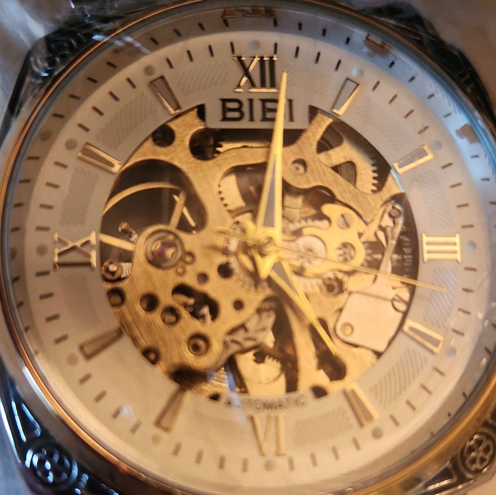 BIBI Luxury Automatic Skeleton Dial Two-Tone Metal Bracelet Watch w/ Box