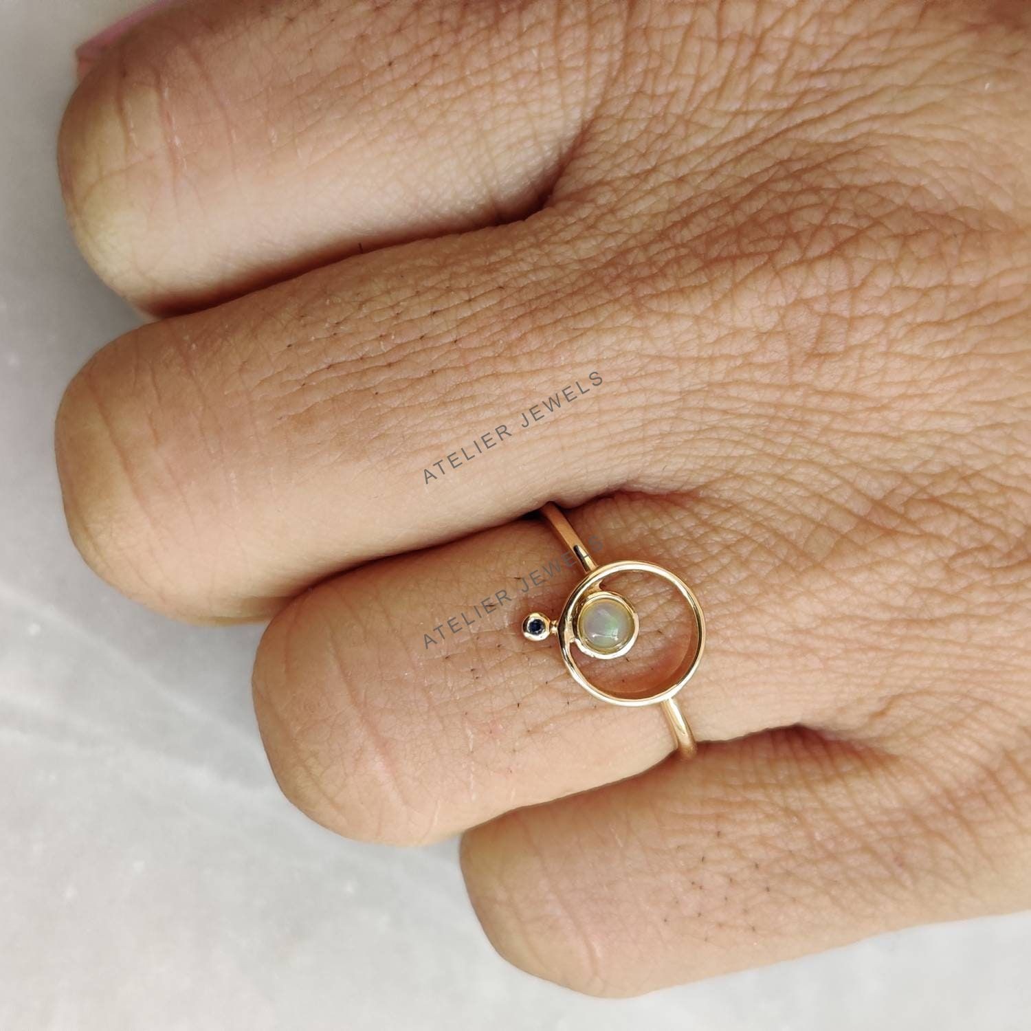 0.11 Ct Natural Opal Sapphire Band Ring 14K Gold Minimalist Birthstone Design