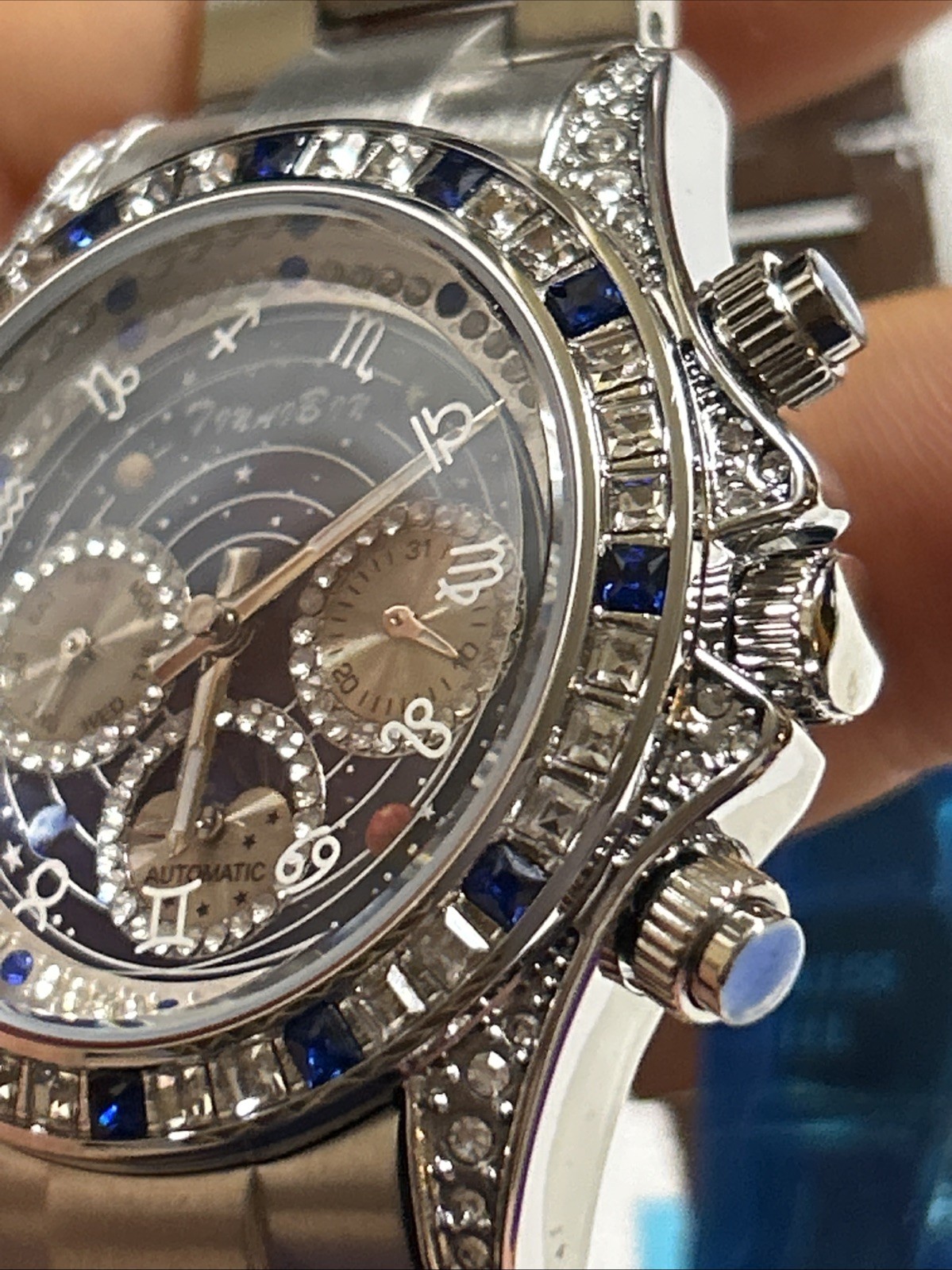 Stunning Celestial Blue Starry Dial Automatic Luxury Watch Blue Stainless