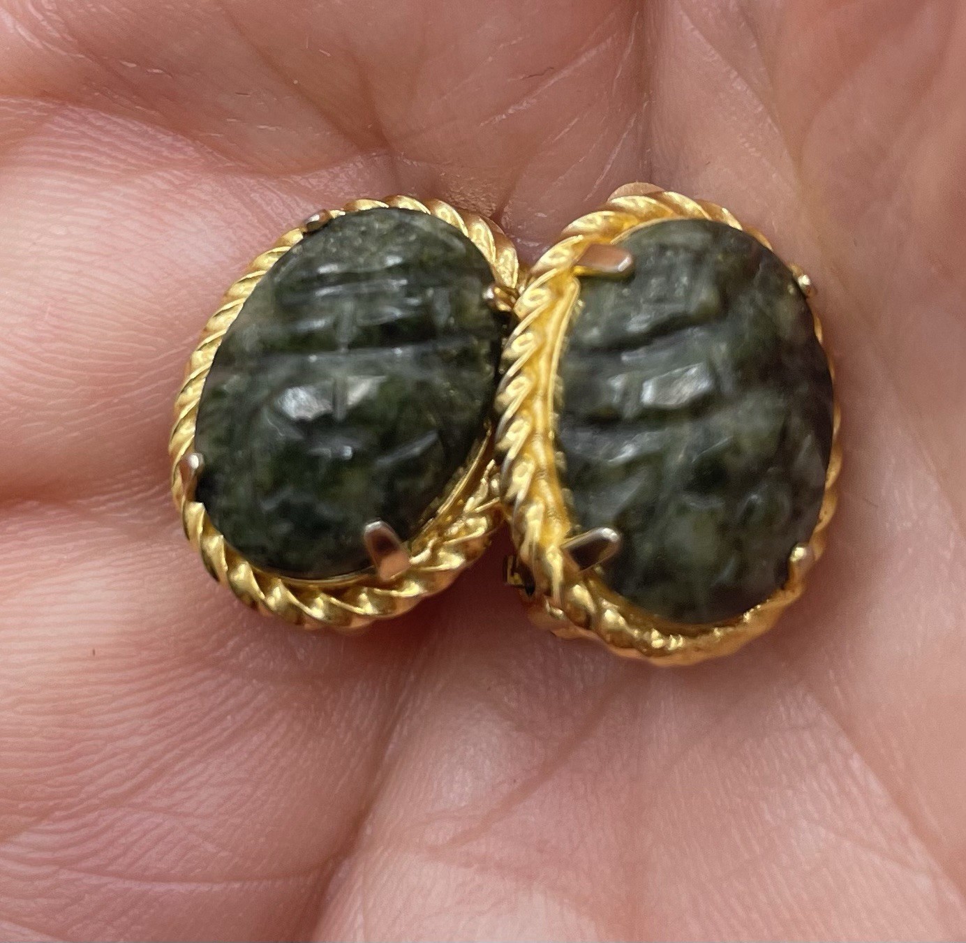 Vintage Burt Cassell Brooch Clip Earrings 12K Gold Filled Carved Green Stone
