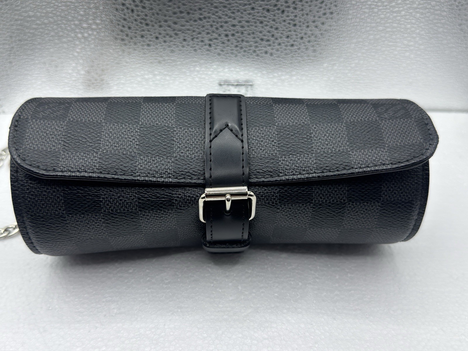 Louis Vuitton Leather Travel Pouch Black Gray Checkered Graphite