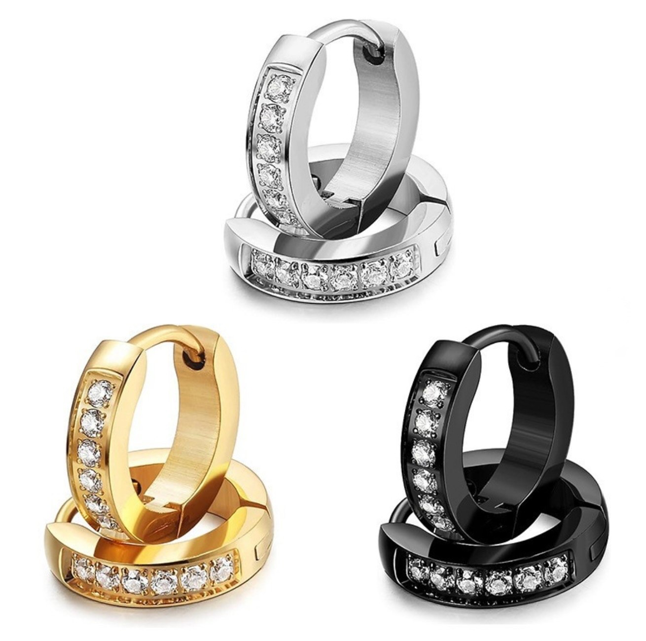 Stainless Steel Huggie Hoop Earrings CZ Gold Silver Black