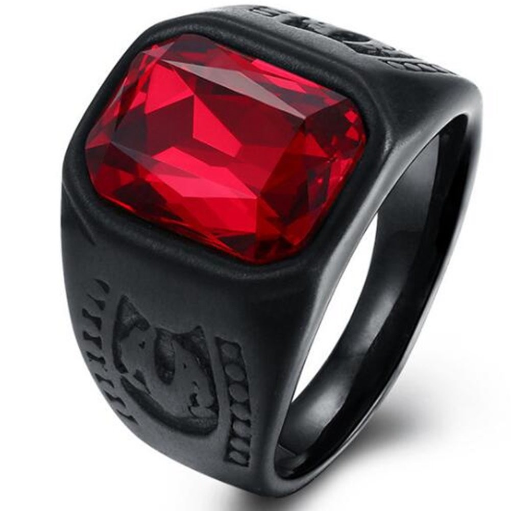 Black Stainless Steel Red Crystal Signet Biker Ring (Black, 5)