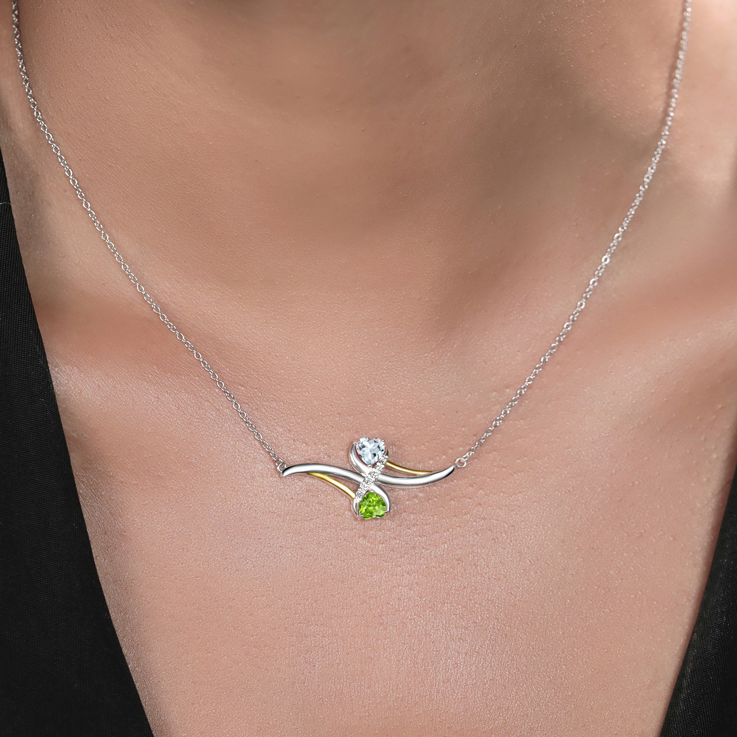 0.98 Ct Peridot Aquamarine 925 Silver and 10K Yellow Gold Pendant with Chain