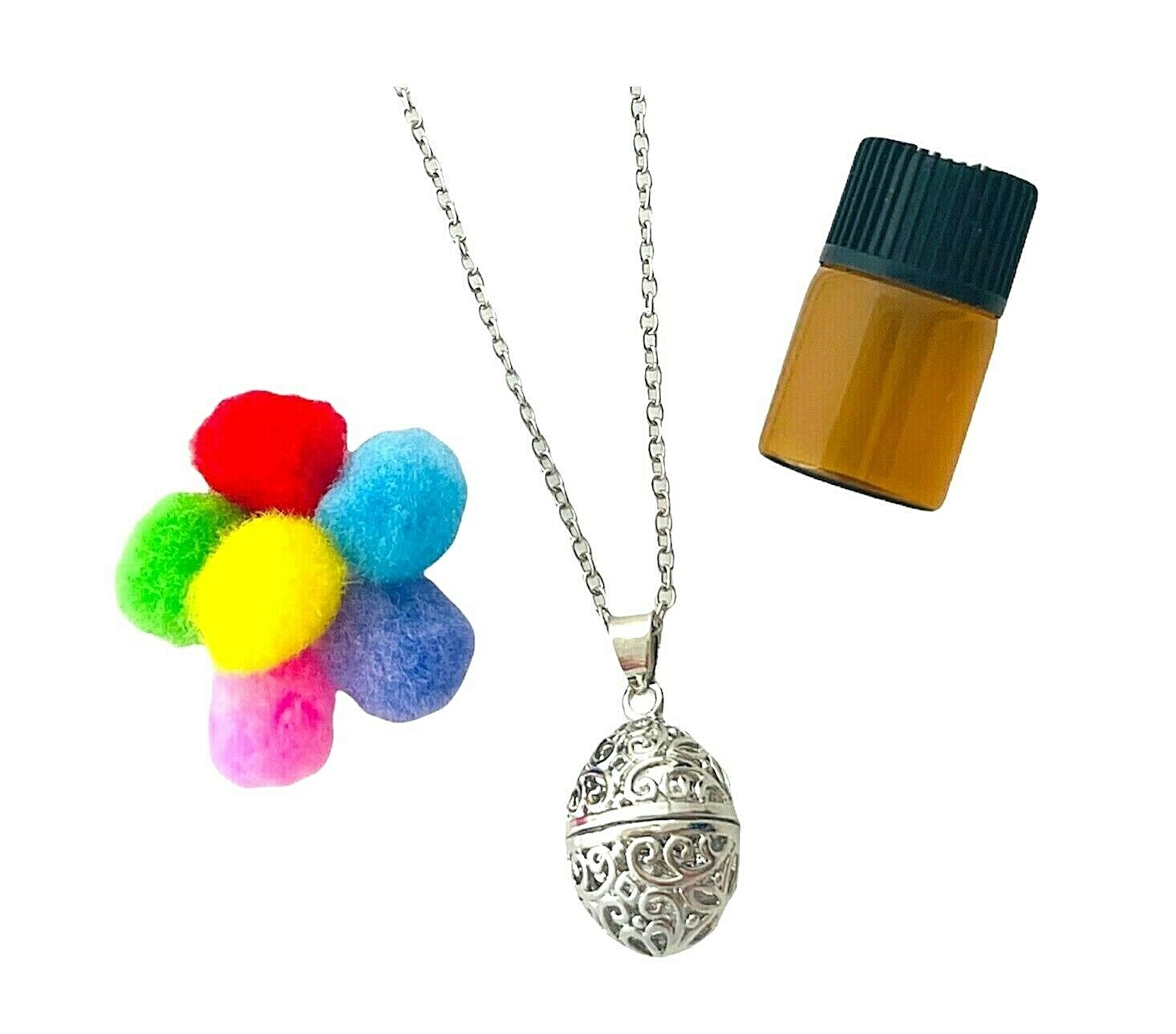Silver Filigree Egg Diffuser Aromatherapy Perfume Locket Necklace Free Lavender